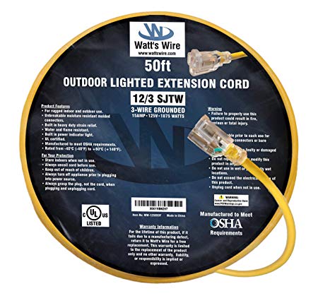 50-ft 12/3 Heavy Duty Lighted SJTW Indoor/Outdoor UL Listed Extension Cord by Watt's Wire - Yellow 50' 12-Gauge Grounded 15-Amp Three-Prong Power-Cord (50 foot 12-Awg)