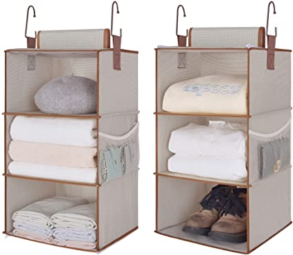 StorageWorks 6-Shelf Hanging Closet Organizers, Two 3-Shelf Separable Closet Hanging Shelves, Canvas, Light Brown, 12" W x 12" D x 42" H