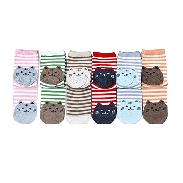 Koly® 6Pair Animals Striped Cartoon Socks Women Cat Footprints Cotton Socks Floor