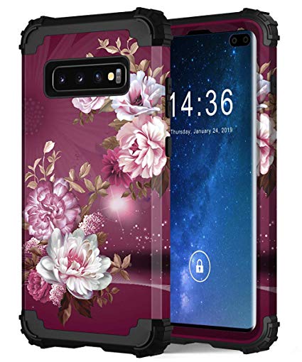 Hocase Galaxy S10 Plus Case, Shockproof Heavy Duty Protection Hard Plastic Silicone Rubber Bumper Dual Layer Protective Phone Case for Samsung Galaxy S10 Plus SM-G975 2019 - Burgundy Flowers