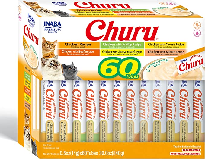 INABA Churu Cat Treats, Grain-Free, Lickable, Squeezable Creamy Purée Cat Treat/Topper with Vitamin E & Taurine, 0.5 Ounces Each Tube, 60 Tubes