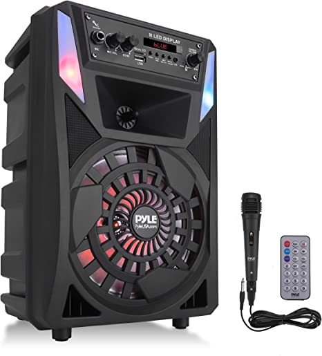 Portable Bluetooth PA Speaker - 300 W 8” Rechargeable Outdoor BT Karaoke Audio System - Multi-Color Party Lights, LED Display, FM/AUX/MP3/USB/SD, 6.5mm in - Wired Microphone, Remote Control