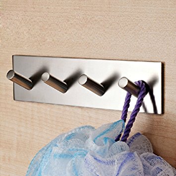 KES A7063H4 Bathroom Lavatory Self Adhesive Coat and Robe Hook Rack/Rail with 4 Hooks, Brushed Stainless Steel