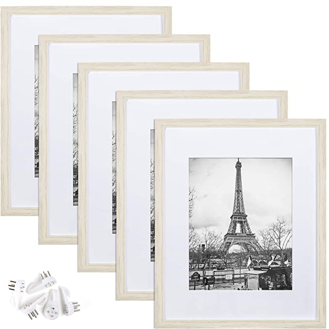 upsimples 11x14 Picture Frame Set of 5,Display Pictures 8x10 with Mat or 11x14 Without Mat,Wall Gallery Photo Frames,White Woodgrain