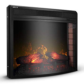 DELLA 28" Curved Glass Insert Fireplace Electric Heater Embedded Flame Log Wall Mount 1400W w/Remote