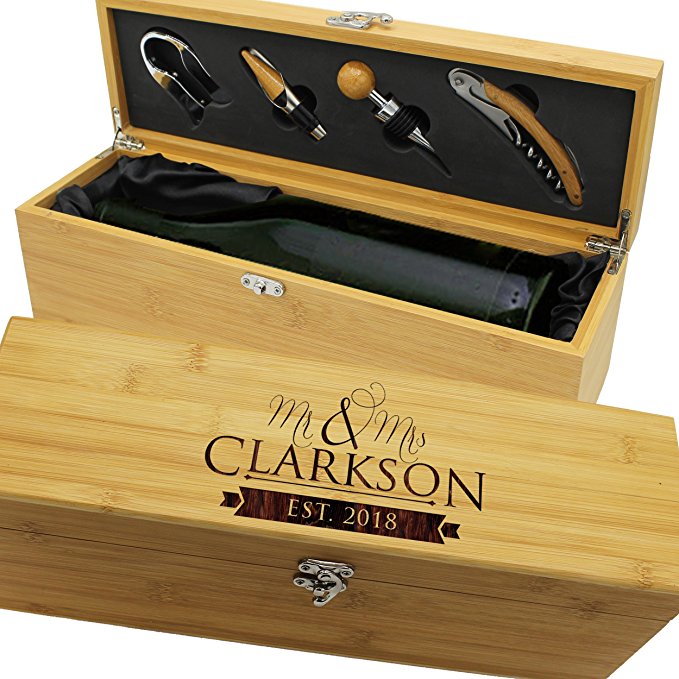 Personalized Wood Wine Box - Anniversary Ceremony Couples Wedding Wine Gift Box Holder - Custom Engraved for Free (Bamboo)