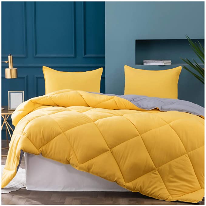 KASENTEX 2-Tone Reversible Comforter Set with Plush Down Alternative Filling - Fluffy, Hypoallergenic and Machine Washable, Twin, Mimosa Yellow/Victorian Silver