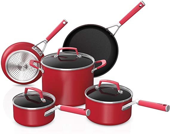 Ninja C28000 8-Piece Cookware Set Foodi NeverStick Vivid, Nonstick, Oven Safe to 400°F, Cool-Touch Handles, Crimson Red