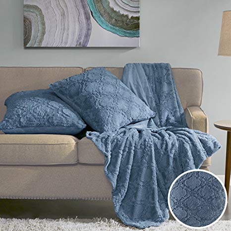 Comfort Spaces Faux Fur Throw Blanket Set – Ogee Fluffy Plush Blankets for Couch and Bed – Sapphire Blue Size 50" x 60" with 2 Square Pillow Covers 20" x 20" by