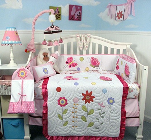 Soho Spring Time Butterfly Baby Crib Nursery Bedding Set 14 pcs included Diaper Bag with Changing Pad & Bottle Case