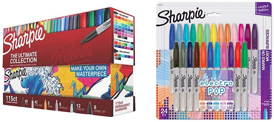 Sharpie 1983255 Permanent Markers Ultimate Collection, Fine and Ultra Fine Points, Assorted Colors, 115 Count & 1927350 Electro Pop Permanent Markers, Fine Point, Assorted Colors, 24 Count