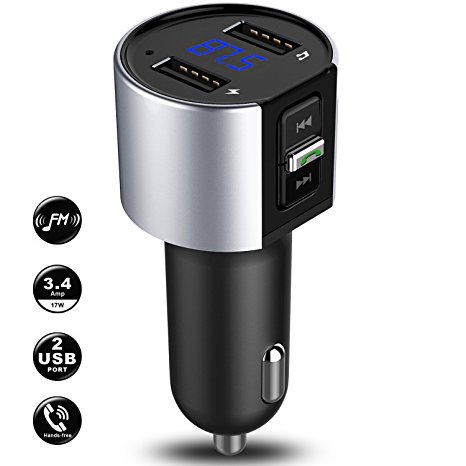 Bluetooth FM Transmitter Car Charger, In-Car Wireless MP3 Player Radio Transmitter Adapter, ESOLOM Hands Free Calling Kit with Dual USB Charging Ports, Voltage Detection