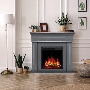 R.W.FLAME 43” Electric Fireplace Mantel Wooden Surround Firebox, TV Stand with Freestanding Electric Fireplace, Remote Control, Adjustable Led Flame, 750W/1500W Grey