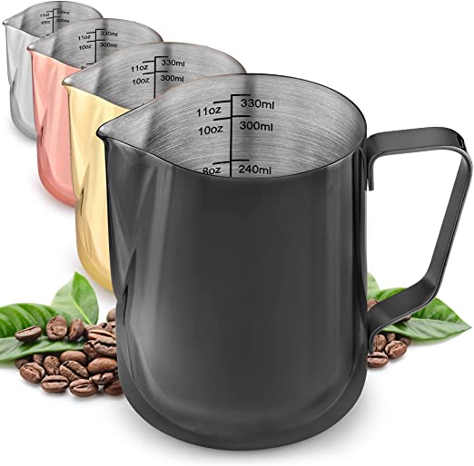 Frothing Pitcher – Best Milk Frother Steamer Cup - Easy to Read Creamer Measurements Inside - Foam Making for Coffee Chai Cappuccino Latte & Hot Chocolate – Stainless Steel 12oz/350ml (Black)