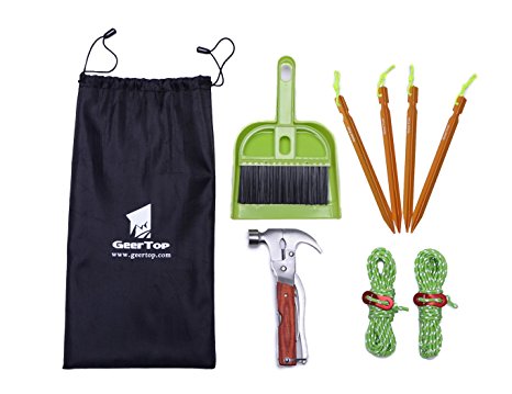 Geertop Tent Accessory Kit with Tent Stakes & Multi-Function Camping Hammer & Reflective Guy Ropes & Dustpan and Hand Broom