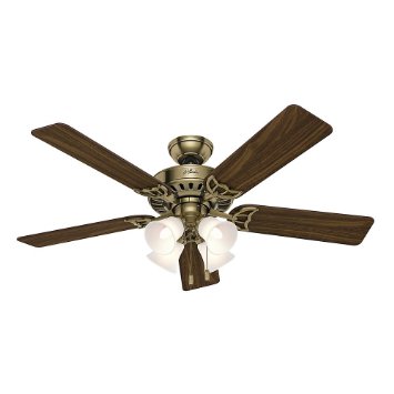 Hunter 53063 Studio Series 52-inch Antique Brass Ceiling Fan with Five Walnut/Medium Oak Blades and Light Kit