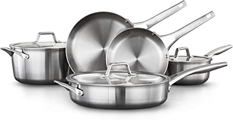 Calphalon 8-Piece Pots and Pans Set, Stainless Steel Kitchen Cookware with Stay-Cool Handles, Dishwasher Safe, Silver