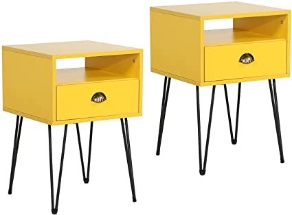 VECELO Set of 2 Nightstand, Industrial End Side Table with Drawer and Shelf, Night Stand for Bedroom, Living Room and Small Space, Stable Metal Frame, Yellow, 2 Pack