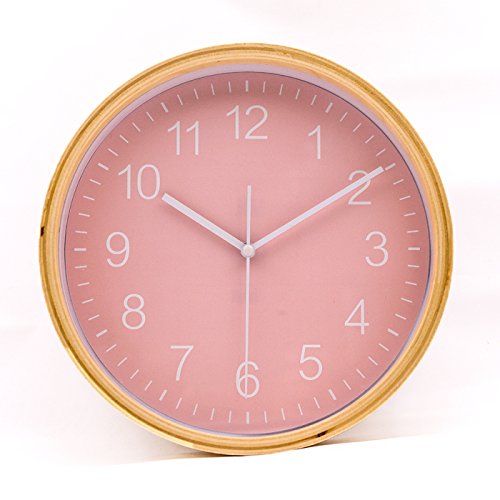 Hippih Silent Wall Clock Timber 8-inches Non Ticking Digital (Pink)
