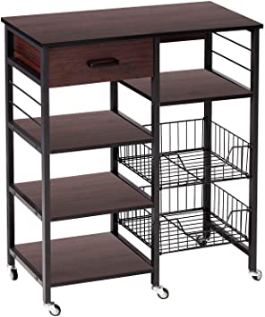 VECELO Kitchen Baker's Rack 36.6" Storage Shelf Organizer, Microwave Oven Stand, Utility Cart on Wheels, Black Walnut