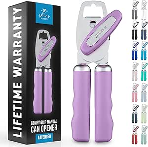 Zulay Kitchen Heavy Duty Stainless Steel Can Opener Manual with Bottle Opener - Rust Proof Manual Can Opener Smooth Edge and Easy Turn Knob, Soft Grip Handles For Seniors - Lavender