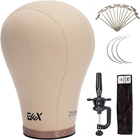 GEX Canvas Block Cork Wig Mannequin Head for Wig Making Drying Styling Display with Table C Stand Clamp Holder&GEX Wig Grip (Light Brown 21.5")