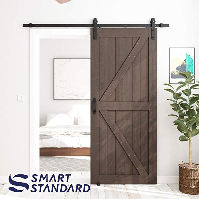 SMARTSTANDARD 36in x 84in Sliding Barn Door with 6.6ft Barn Door Hardware Kit & Handle, Pre-Drilled Ready to Assemble, DIY Unfinished Solid Cypress Wood Panelled Slab, K-Frame, Brown