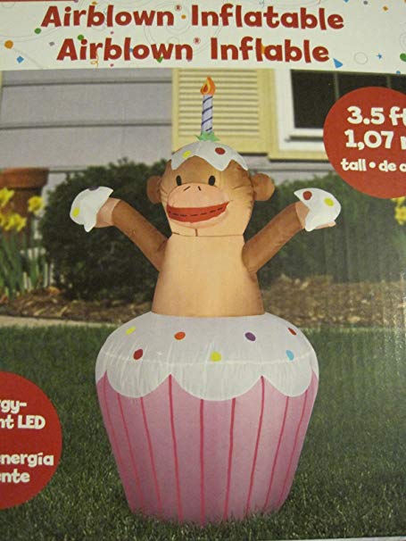 Airblown Inflatable Happy Birthday Cupcake with Sock Monkey
