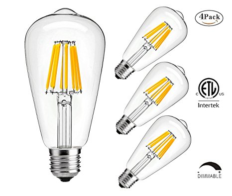 Vintage Edison LED Bulbs, 8W ST64(ST21) Dimmable Antique LED Bulbs, 80W Incandescent Equivalent, 680 Lumens 2700K – 3200K Warm White, Squirrel Cage Filament, e26 /e27 Base,Clear Glass Cover,4 Pack