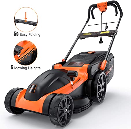 Electric Lawn Mower, TACKLIFE 16-Inch Corded Lawn Mower, 11-Amp Corded Lawnmower, 6 Mowing Heights, 16Gal Collect Box, No Assembly Required, Smart Folding in 5s