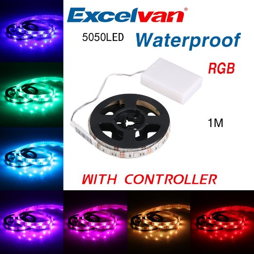 Excelvan 100cm / 1m Waterproof IP65 Flexible Color Changing RGB SMD5050 30 LEDs DC 5v Battery-powered LED Strip Light with Mini Controller