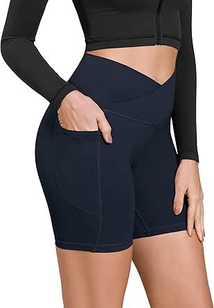 ODODOS Cloud Feeling Cross Waist Yoga Shorts with Pockets for Women, 6" Crossover High Waist Lounge Biker Shorts