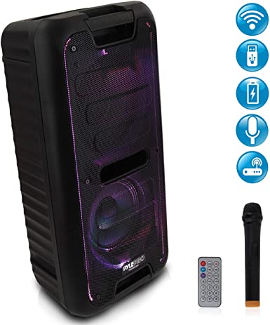 Wireless Portable PA Speaker System - 360W Bluetooth Compatible Battery Powered Rechargeable Outdoor DJ sound Speaker Microphone Set with MP3 USB SD FM Radio RCA 1/4" Mic In AUX Wheels - Pyle PPHP28BA