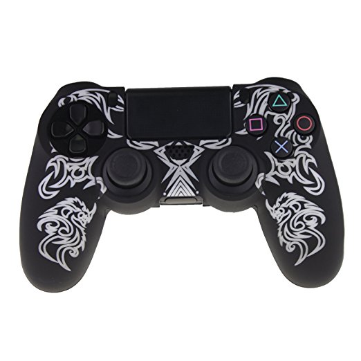 YUYIKES Silicone Soft Totem Pattern Protective Skin Case Cover for Sony PlayStation 4 PS4 Controllers (White )