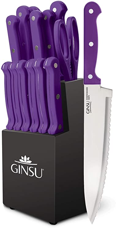 Ginsu KIS-PU-DS-014-4 Kiso Dishwasher Safe Purple 14 Piece Set Black Block, 9" W x 15" H x 5" D