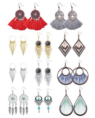 LOLIAS 11 Pairs Vintage Bohemian Drop Dangle Earrings Golden Silvery Fashion Jewelry Fringed Tassel Statement Earrings Set for Women Girls