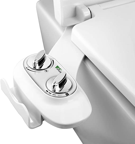 Amzdeal Bidet Toilet Seat Attachment | Dual Self-Cleaning Nozzle | Fresh Cold Water Sprayer | Manual Control | Non Electric | Side Phone Holder | BC-04 White