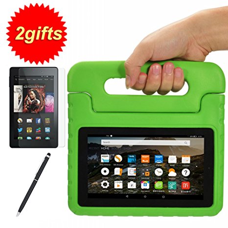 SUPLIK Fire 7 Shockproof Case Lightweight Kids Eco-friendly Handle Cover with Stand for Amazon Fire 7 inch 2015 / Fire Kids Edition Tablet, (Giveaway:Screen Protector   2&1 Stylus Pen) (Green)