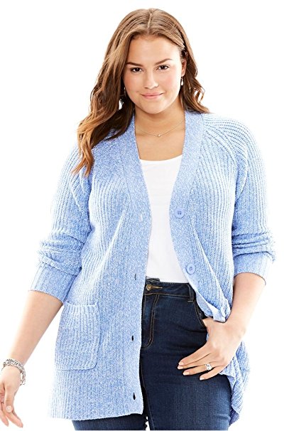 Woman Within Women's Plus Size Long Sleeve Button-Front Cardigan