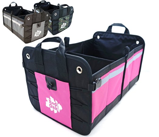 Car Auto Trunk Organizer Best/Premium Foldable Cargo Container 22"x14"x12" Sturdy Clutter Control for Your Car, Auto, Truck, Minivan or SUV – Rugged, Heavy Duty Storage Bin and Carrier (Black/Pink)