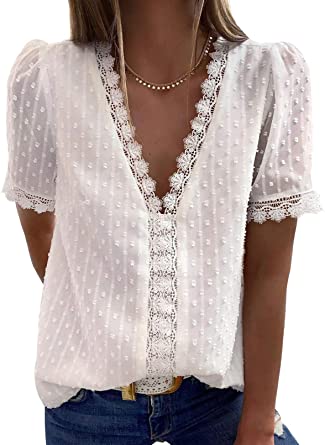 Dokotoo Women's V Neck Lace Crochet Tunic Tank Tops Flowy Casual Sleeveless Blouses Shirts