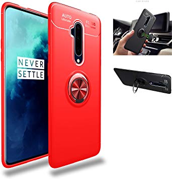 OnePlus 7T Pro Case,360° Rotating Ring Kickstand Protective Case,Silicone Soft TPU Shockproof Protection Thin Cover Compatible with[Magnetic Car Mount] for OnePlus 7T Pro Case (Red/red)