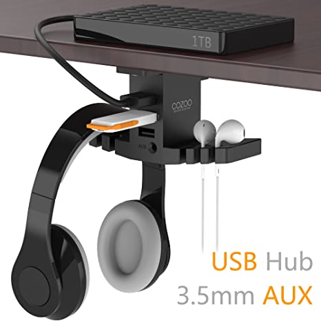 Headphone Stand with USB Hub COZOO Under Desk Headset Hanger Mount Dual Hook Holder with 3 USB Ports(usb3.0 usb2.0) and 3.5mm Jack AUX Port(Audio/Mic) External Sound Card For Gamer, DJ Earphone