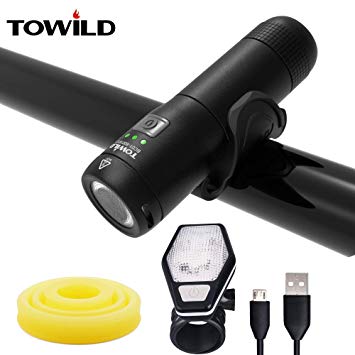 Bicycle LED Light Flashlight 600 Lumens, 18650 Battery and USB Rechargeable, 100 Degree Visible Beam Scope, Side Red Warning Light, Retaining Power Indicator Light, Free Accessaries (BC01 Black)