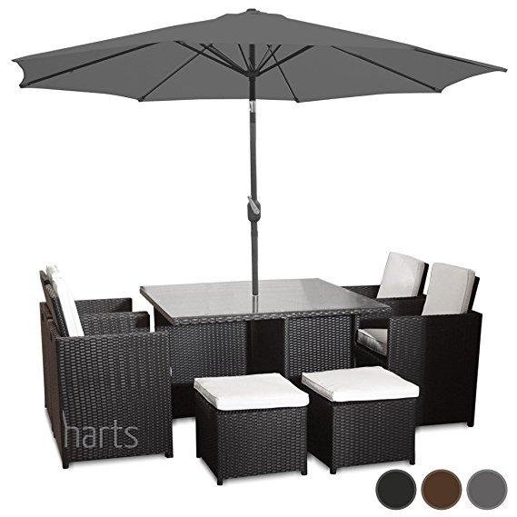 Harts Premium Rattan Dining Set, Cube 8 Seats Garden Patio Conservatory Furniture inc Rain Cover & Parasol (Black)