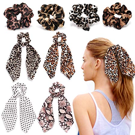 8 Pcs KIPIDA Leopard Print Scrunchies Big Long Hair Scarf, Polka Dot Snake Skin,Vintage Ribbon Chiffon Strong Elastic Hair Bands Rope Soft Scarves Ties Bow Ponytail Holder for Women Girls