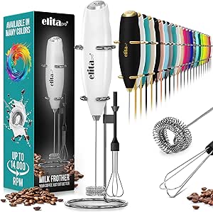 ElitaPro Powerful Milk Frother Wand - 2 in 1 Handheld Coffee Frother and Egg Beater - Mini Foam Maker With Stand - Whisk Drink Mixer & Foamer for Coffee, Latte, Matcha, Hot Chocolate (White)