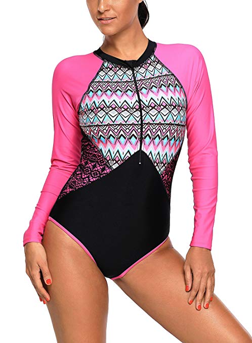 EVALESS Women's Zip Front Printed Long-Sleeve Rash Guard Shirt One Piece Swimsuit