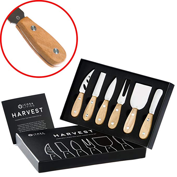 HARVEST Premium 6-Piece Cheese Knife Set - Complete Stainless Steel Cheese Knives Collection with Teak Wood Handles and Full-Length Blades