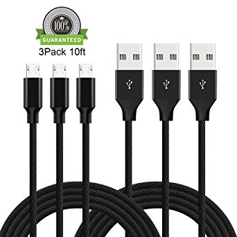 ONSON Micro USB Cable,3Pack 10FT Extra Long Nylon High Speed USB to Micro USB Charging Cables Samsung Fast Charger Cord for Samsung Galaxy S7 Edge/S6/S5/S4,Note 5/4/3,HTC,Android(Black)